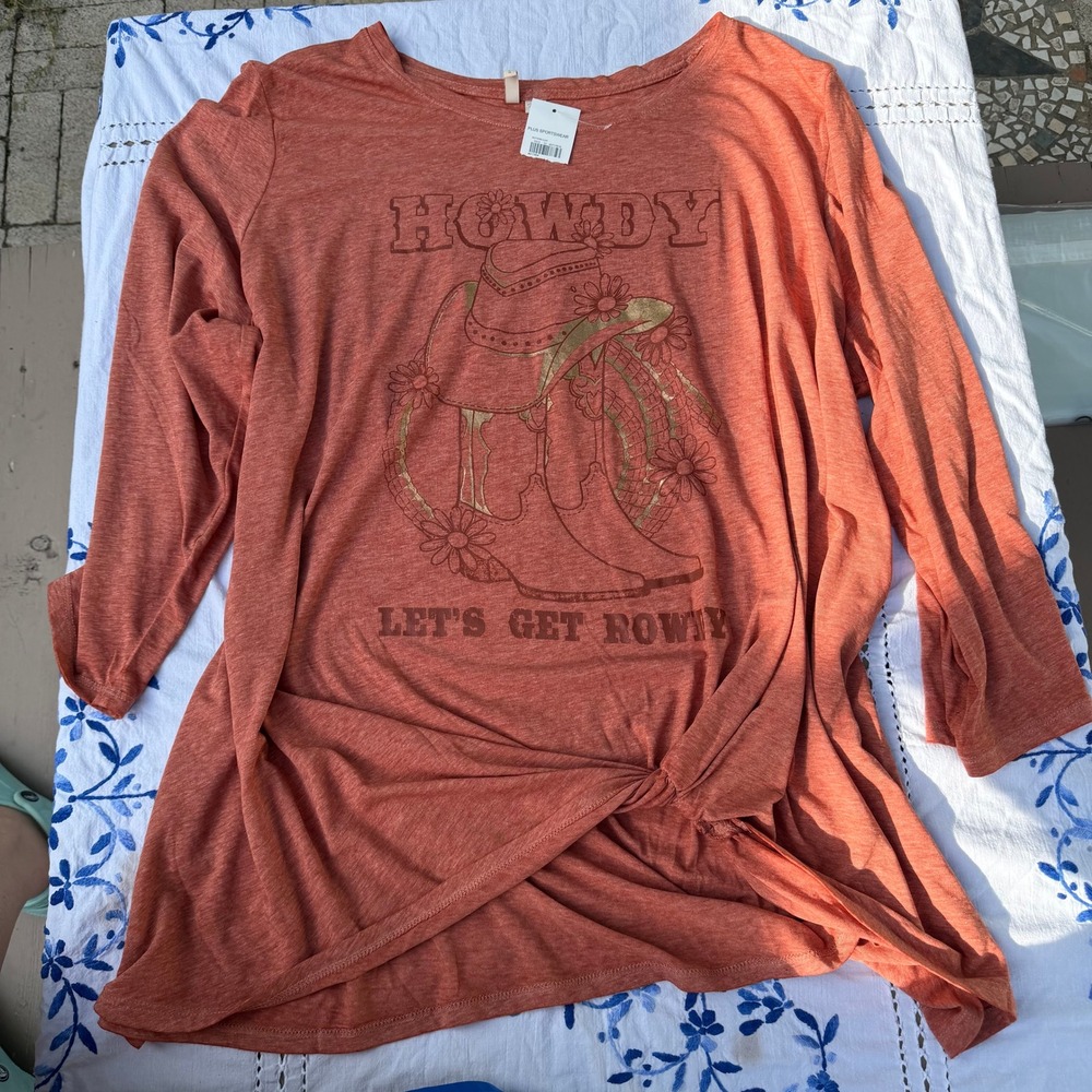 Cato Howdy Lets Get Rowdy Graphic Tee Potters Clay Orange Plus 22/24W NWT - Picture 2 of 6